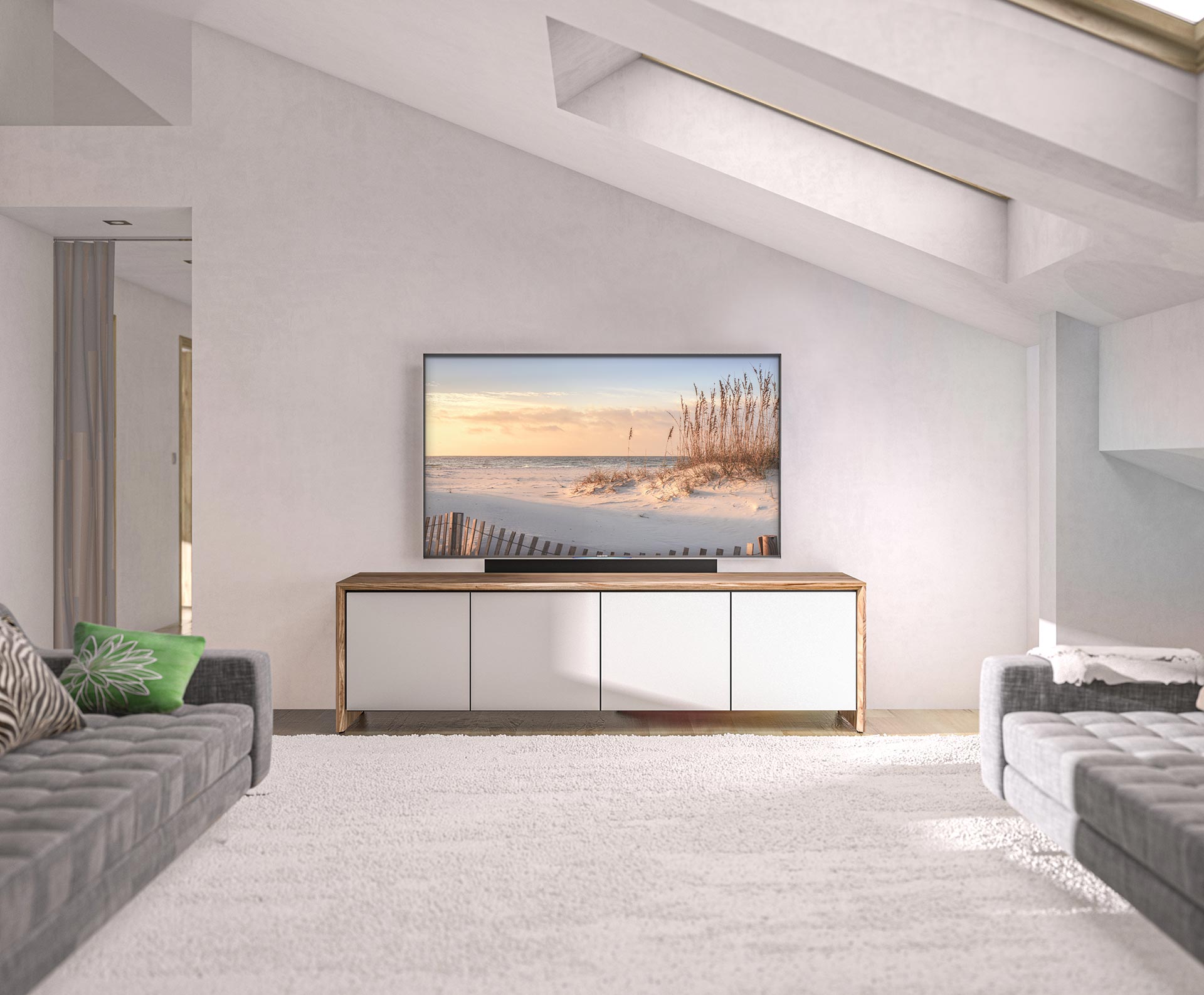 Chameleon Barcelona white cabinet in bright modern living room.