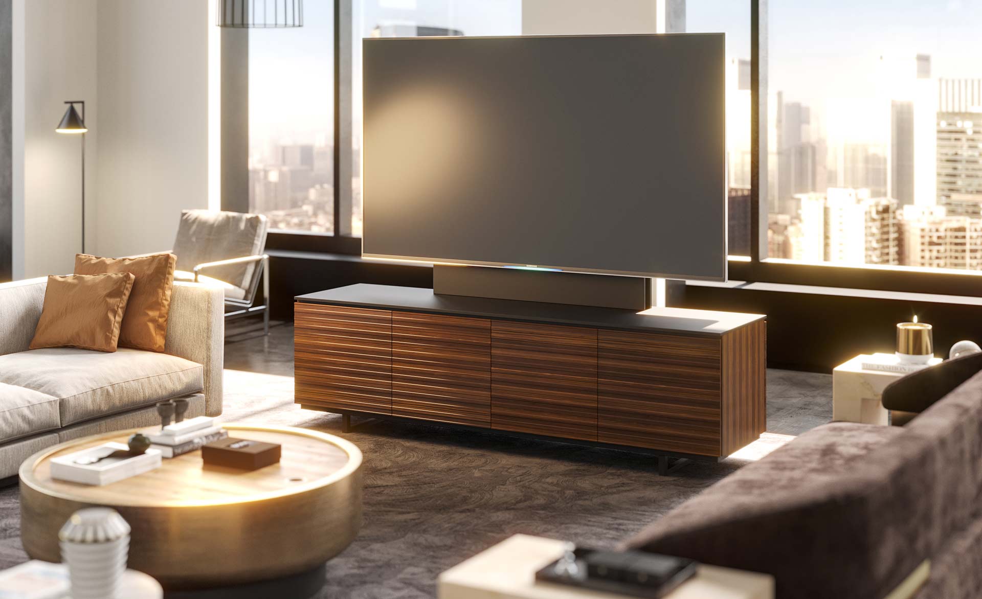 Barcelona-Schrank mit mehreren Sonderausstattungen wie Kühlschrank, Abfallbehältern und verstellbaren Einlegeböden