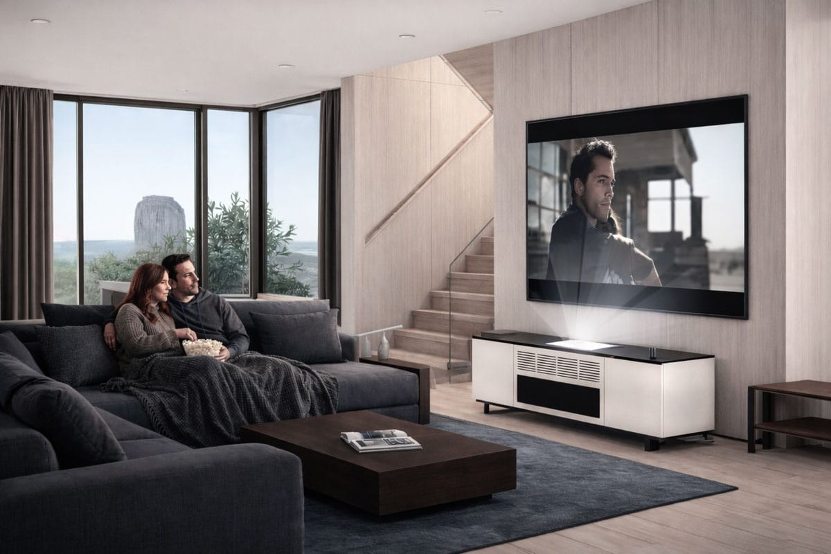 Weißer Schrank von Chameleon Barcelona in einem hellen, modernen Wohnzimmer.